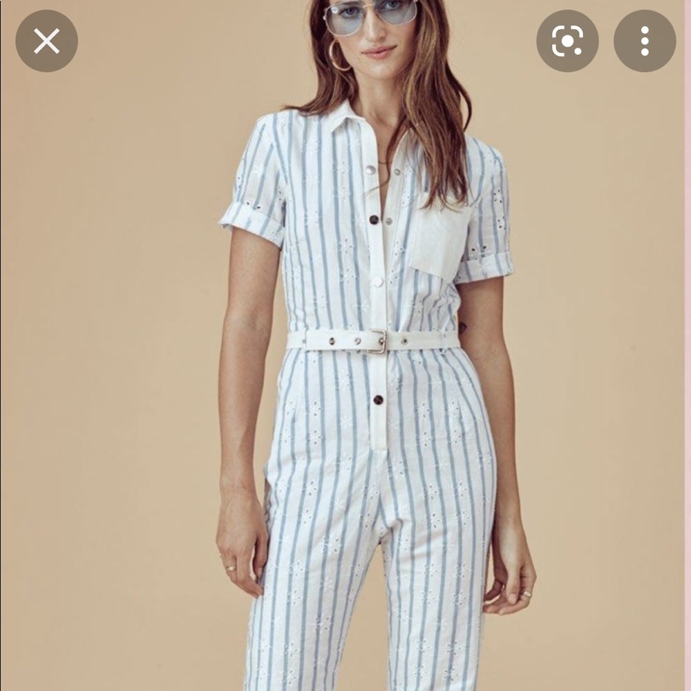 For Love & Lemons White and Light Blue Striped Jumpsuit